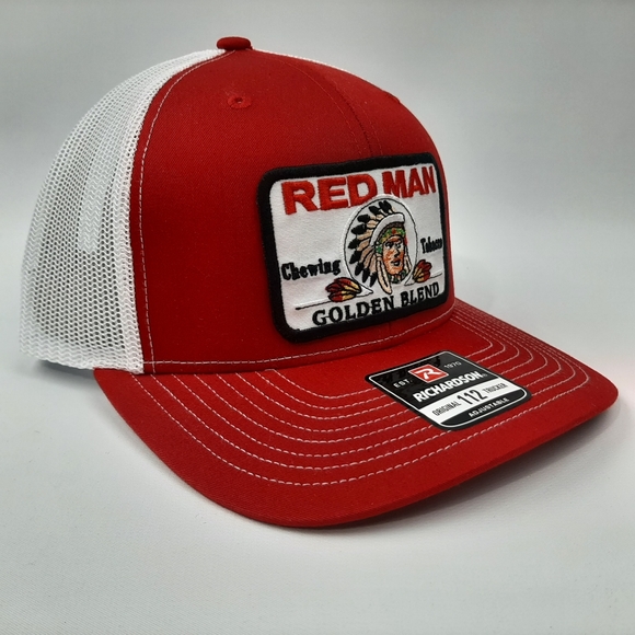 Richardson 112 Red Man Embroidered Patch Mesh Snapback Hat Cap Red White - Picture 3 of 4